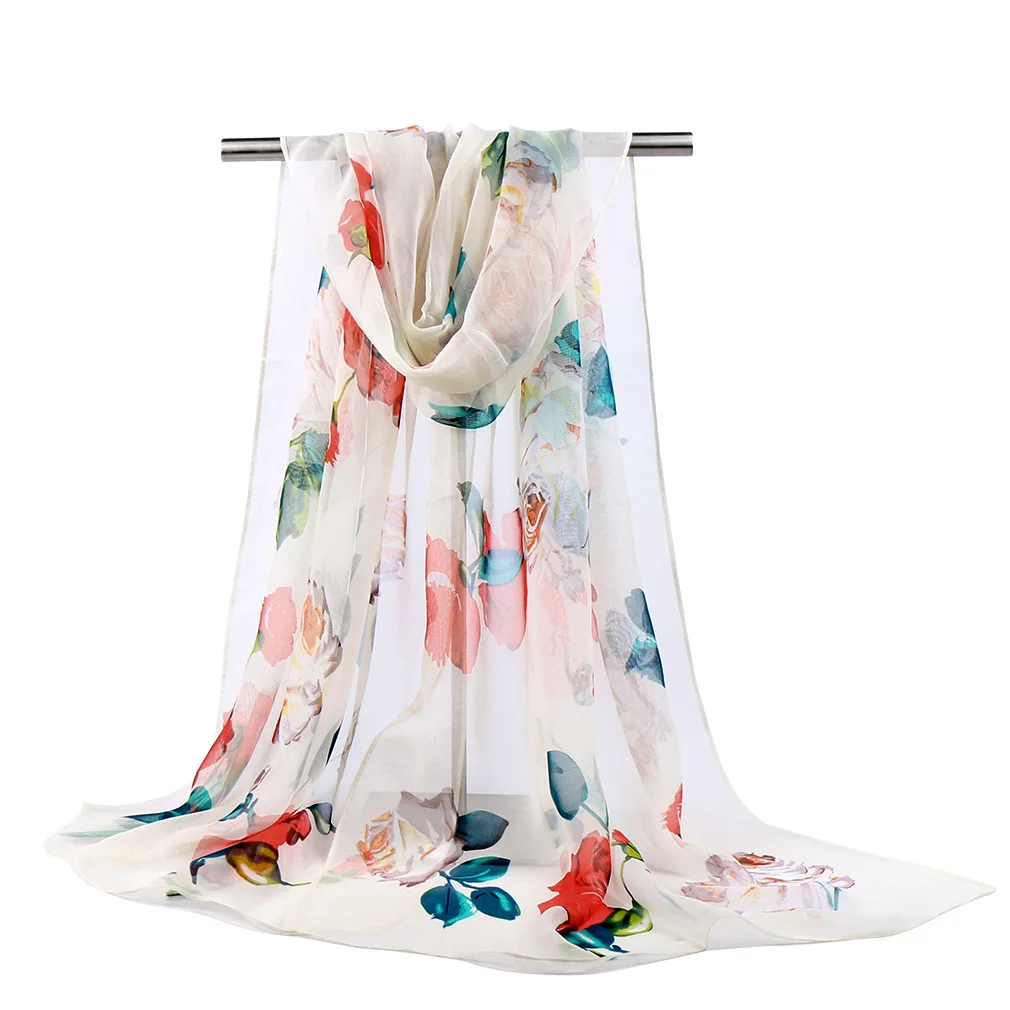 Spring New Design Rose Flowers Georgette Chiffon Scarf Printed Polyester Hijab Scarves Shawls Scarf For Women