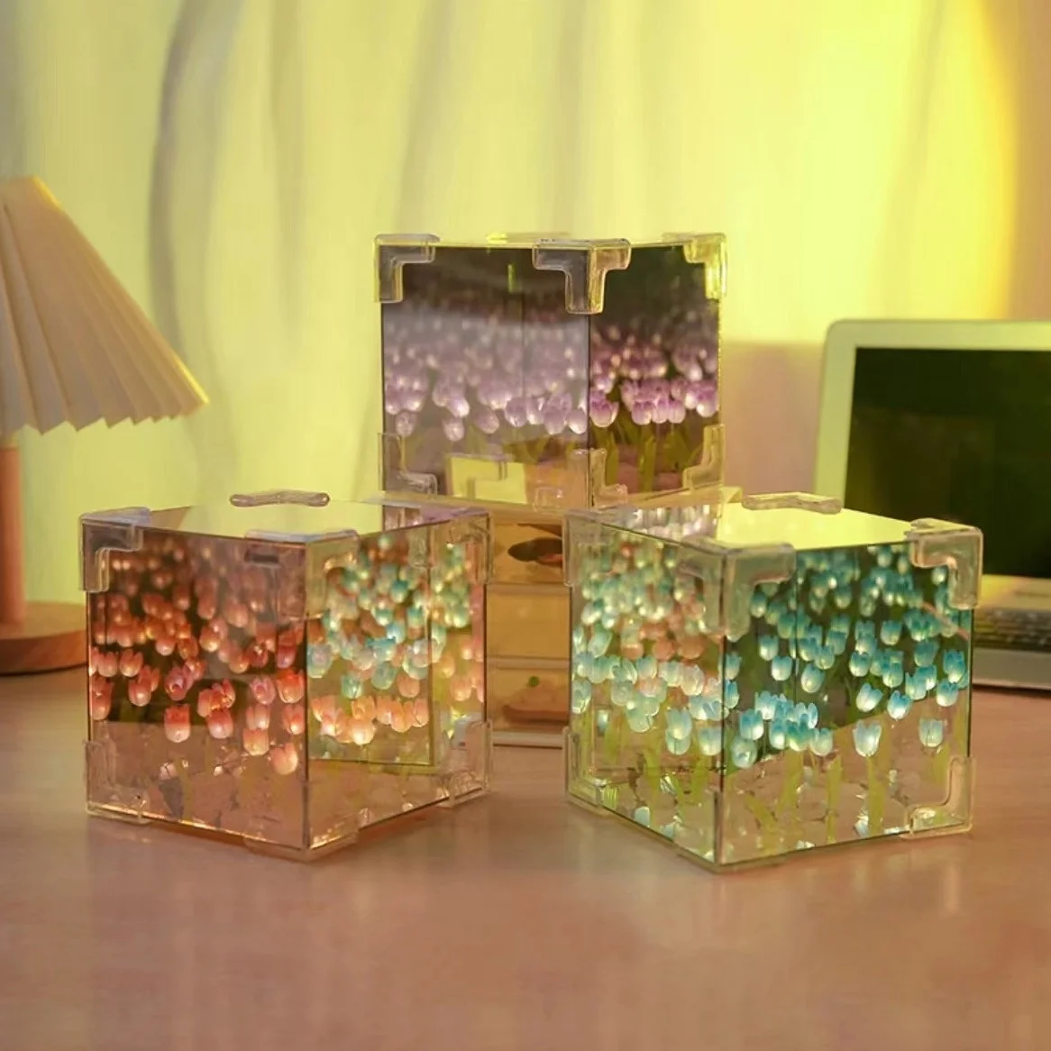 20 flowers DIY Flower Sea Magic Cube Tulip Three-Dimensional Nightlight Material Package battery table lamp