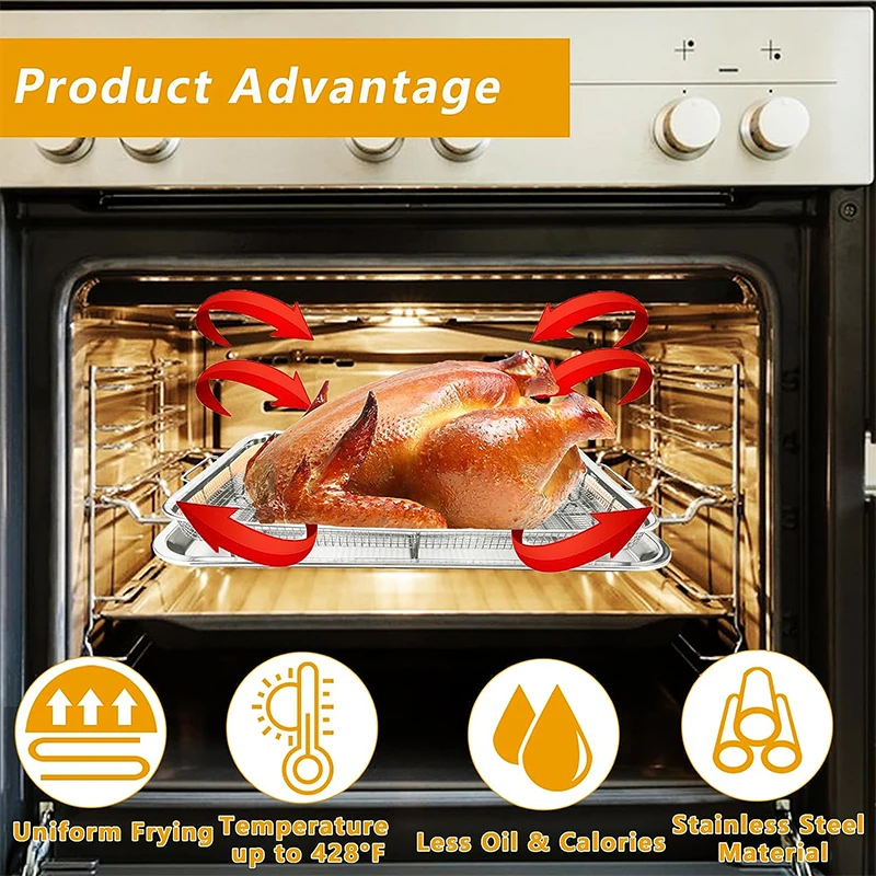 Custom Baking Grilling Serving Stainless Steel Crisper Tray Metal Mesh Air Fryer Convection Oven Fry Basket