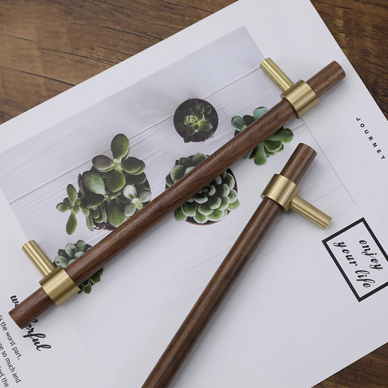 Furniture handles Nordic walnut brass door handle cupboard dressing table wardrobe pull single hole drawer knobs