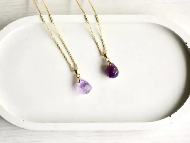 Simple Fashion Natural Stone Powder/Amethyst Pendant Necklace Gold Plated Natural Stone Crystal Necklace Faceted Drop Shape