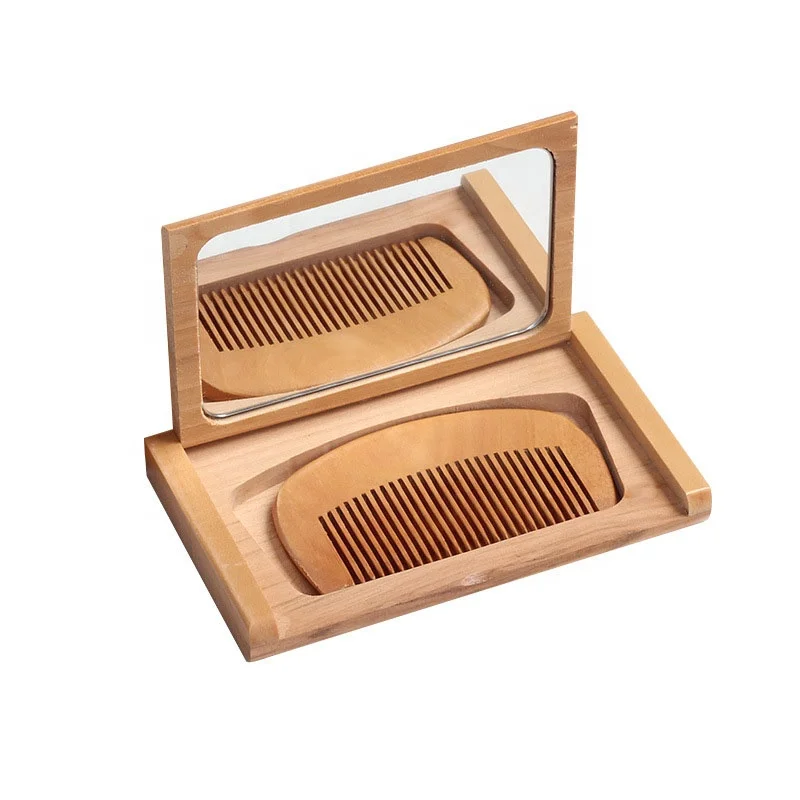 Folding Retro Mini Wooden Custom Small Pocket Mirror Cosmetic With Comb