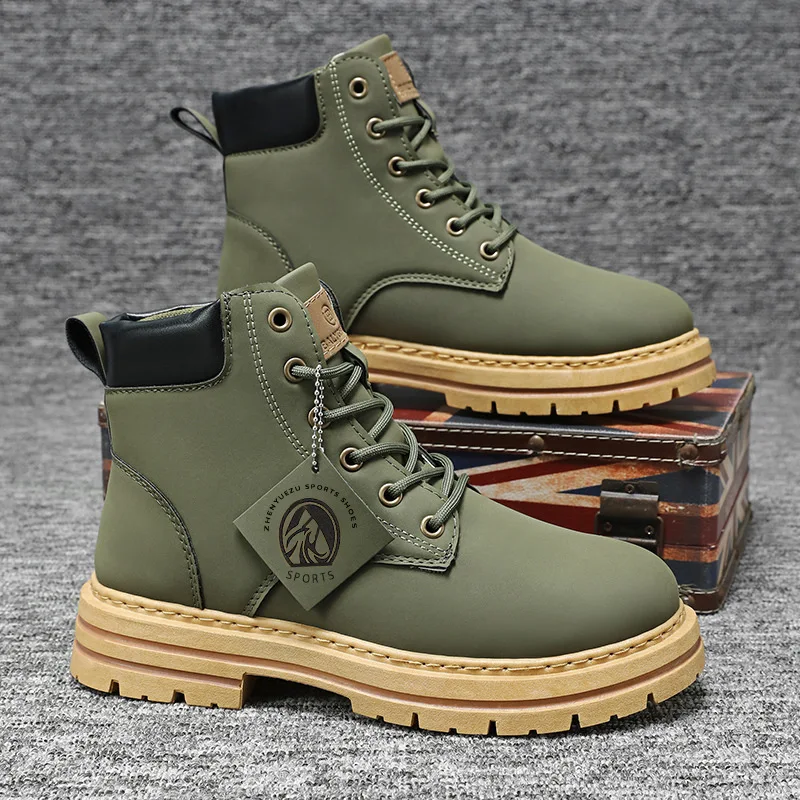 New Popular Fashion Style Boots  Mens High Help Work Leather Boots Casual Rainproof Leather Martin Boots With High-Top