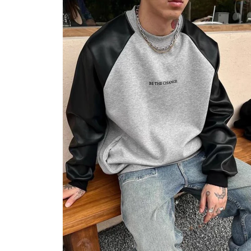 Wholesale Oversized Crewneck blank Sweatshirt With Leather Patches Custom Logo Drop Shoulder Plain Pullover Sweatshirt