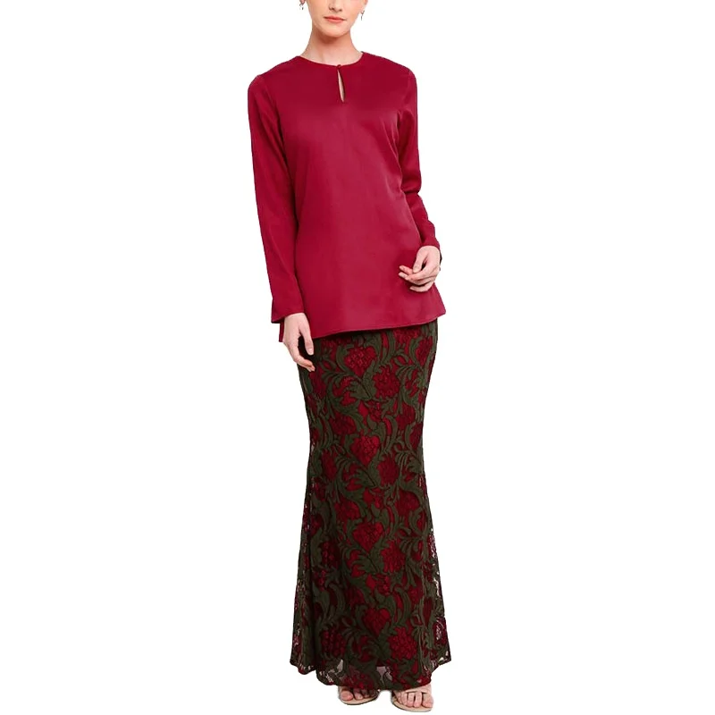 Fashion Malaysia O Neck Keyhole Long Sleeves Lace Hollow Out Baju Kurung