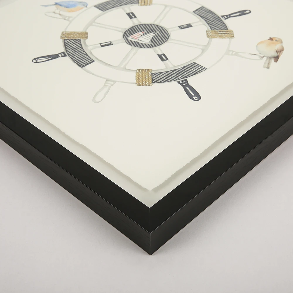 Gold foil boat helm wheel picture black and white wall art abstract prints on floating paper wall frame decor