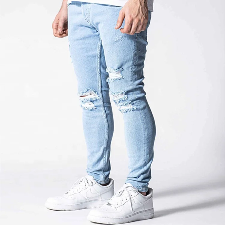 Custom logo design hombre streetwear stretchy skinny denim boyfriend ripped distressed jeans for men