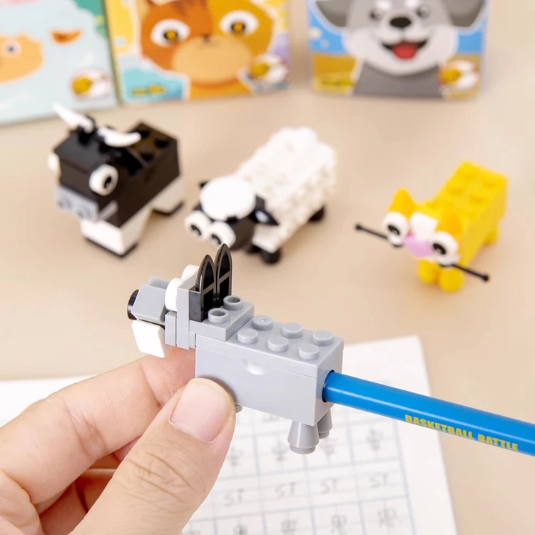 Latest children DIY puzzle cat dog plastic blocks brick sharpener stationery cute Animal Pencil Sharpener for sales