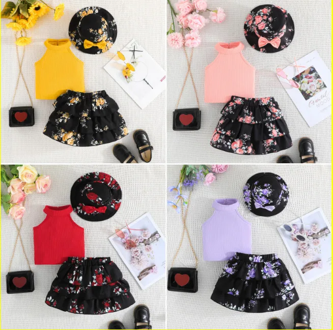 Baby Kids New Solid Color Sleeveless Top Full Print Flower Cake Short Skirt Hat Three Piece Set