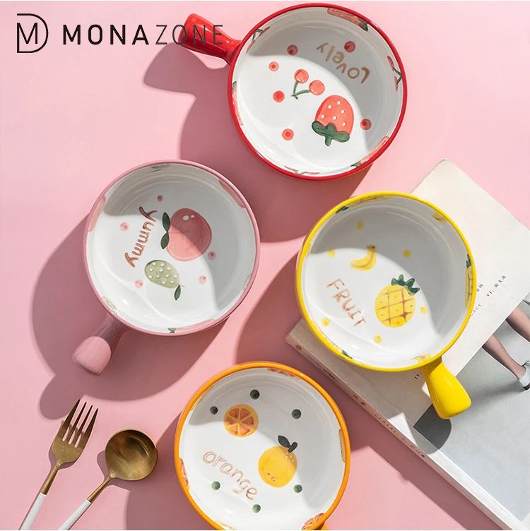 
MONAZONE 500ml Ceramic Salad Pasta Bowls Round Baking Tray With Handle Barbecue Cheese Bakeware Pan 