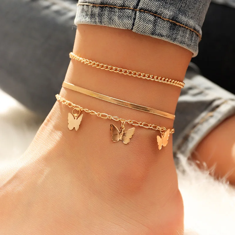  Simple Snake Chain Body Gold Plated Alloy Anklets Butterfly Accessories For