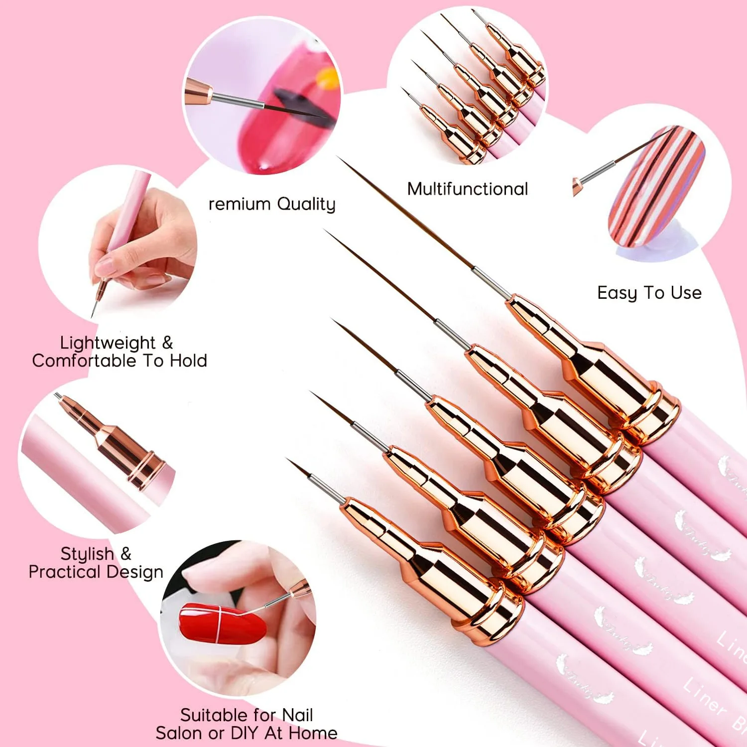 5pcs/set Nail Art Drawing Liner Pen Brushes Set for Acrylic Powder, Nail Extension & 3D Nail Carving for Beginner & Professional