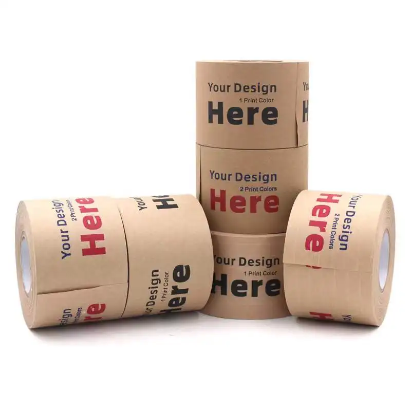 Custom Printed Logo Eco Friendly Recycled Water Activated 2 Inch Kraft Paper Gummed Brand Tape Shipping Packaging