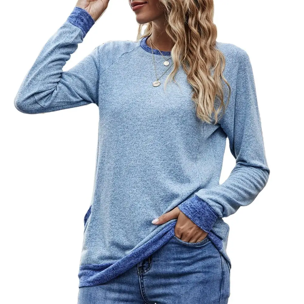 
Женский топ с контрастными карманами и круглым вырезом, пуловер с длинным рукавом, свитшот, Повседневная футболка для женщин 