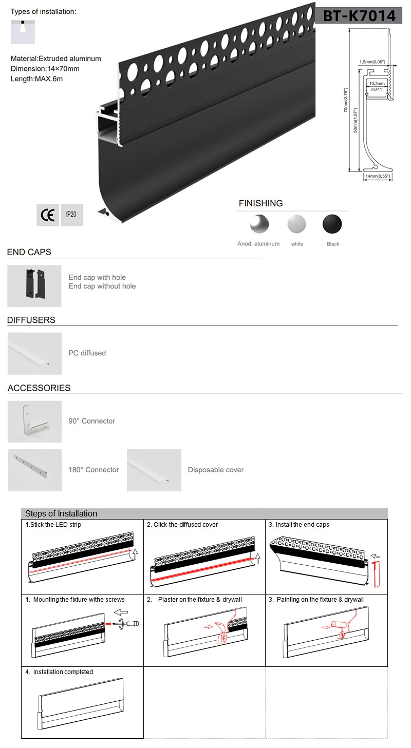 2022 W70*H14 Gypsum skirting line Recessed led Aluminium Profile for Architectural linear strip Lighting With PC Diffuser