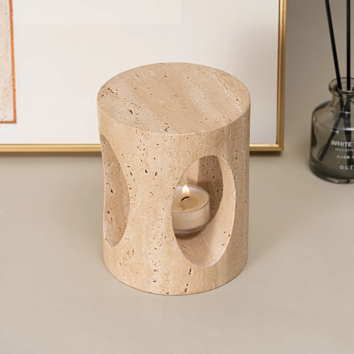 Moroccan Modern Beige Travertine Marble Lantern EID Mubarak Ramadan Home Decoration Moroccan candle incense burner Wind Lamp