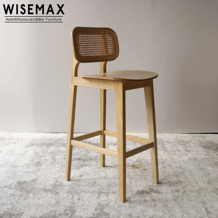 WISEMAX FURNITURE Modern High Back Wooden Rattan Bar Stool Chair Cane Wicker Dining Chair for Restaurant Cafe