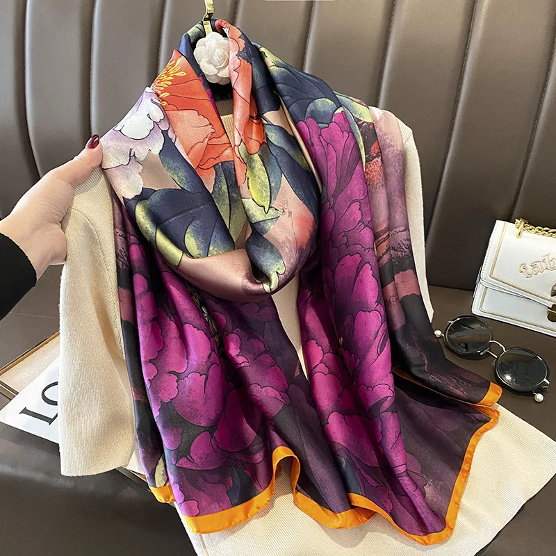Custom 180*90cm Designer Silk Scarf Digital Print Large  Luxury Brands 2024 Silk Scarf Shawls For Women Long shawls