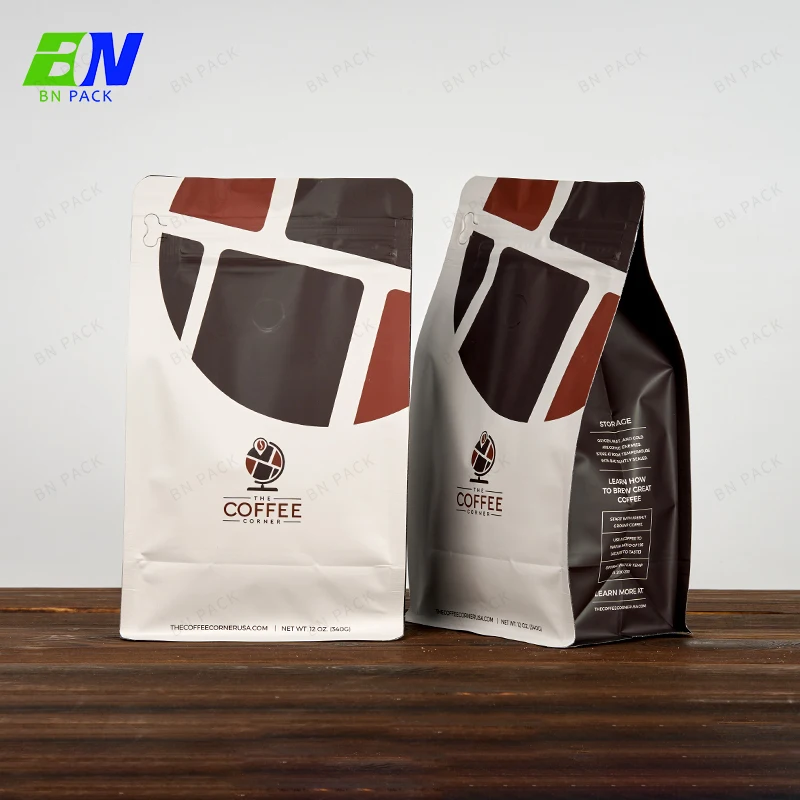 Custom logo flat bottom coffee packaging bag self-sealing coffee pouch with air valve