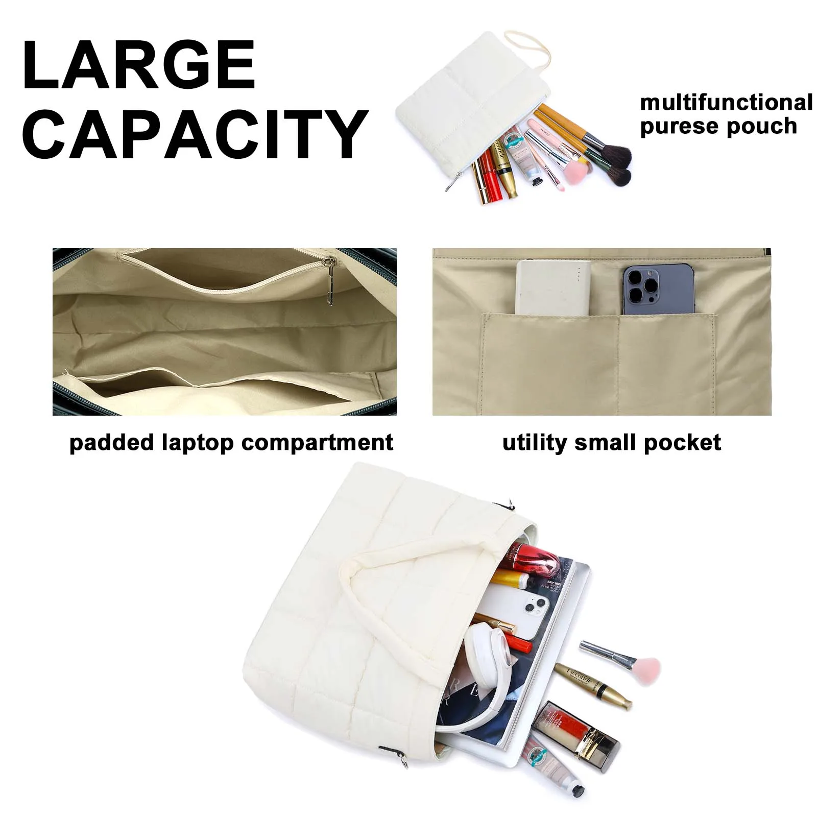 Custom Carryall Shopping Puffy Cotton Side Laptop Bag Quilted Shoulder Puffy Handbag Quilts Puffer Bags Tote for Women Travel