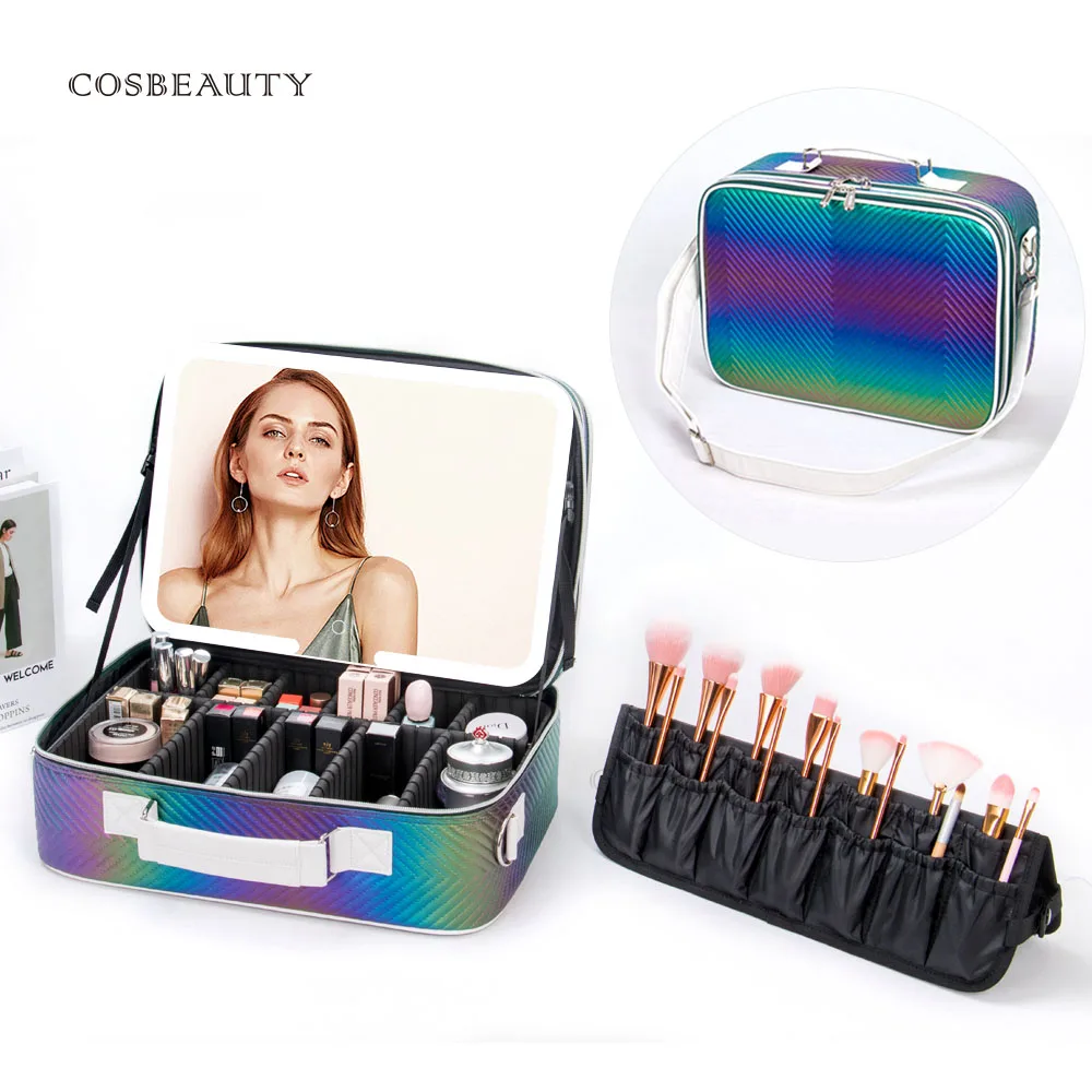 KONCAI Dual Layers Make Up Case with Mirror Light and Brush Holder Vanity Cosmetic Beauty Box Large Travel Makeup Bag Organizer