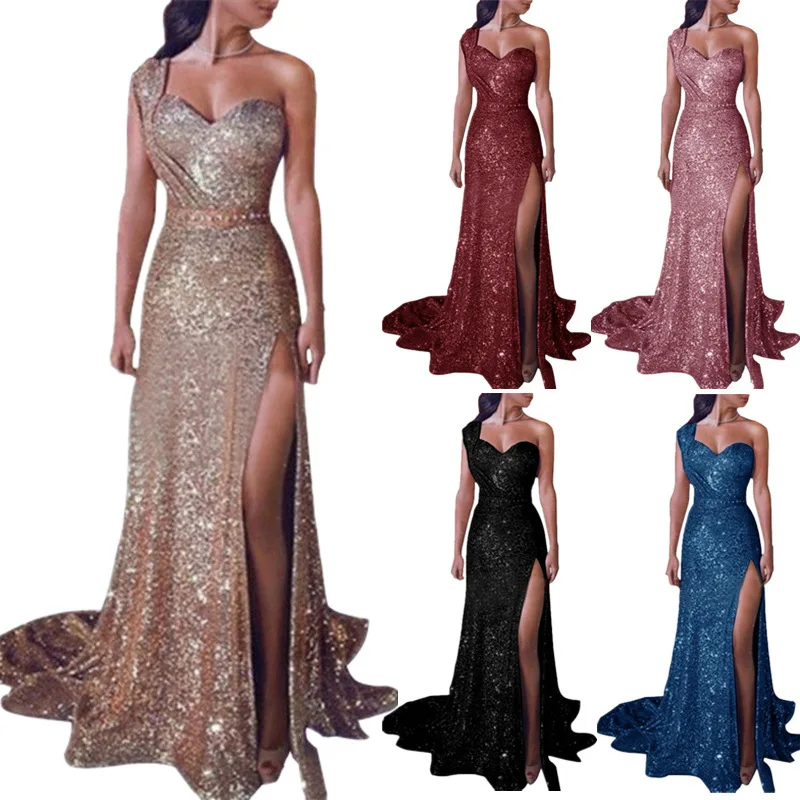 Elegant Vestidos De Fiesta 2021 New Arrival Women Sexy One Shoulder Sleeveless Sequins High Split Maxi Evening Party Dress