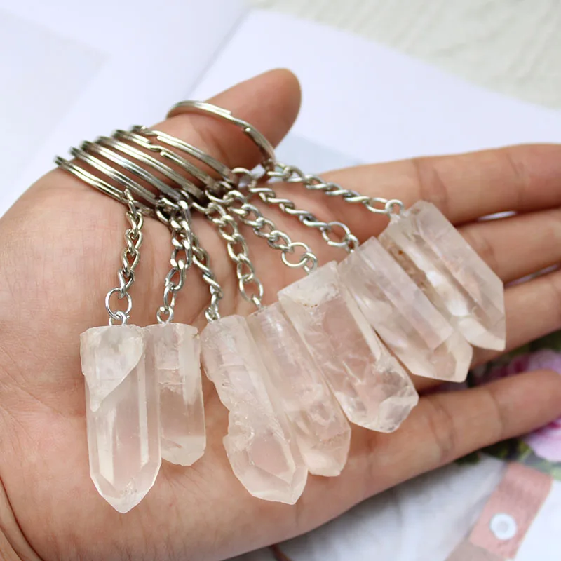 Wholesale Price Natural Gemstone Crystal Key Chain Healing Stone Rough Rock Quartz Crystal Point Keychain For Gift
