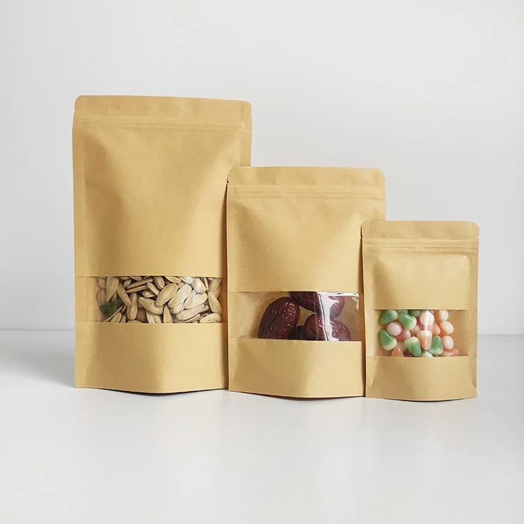 Brown Stand Up Kraft Paper Zip Lock Bag With Clear Window For Food Packaging