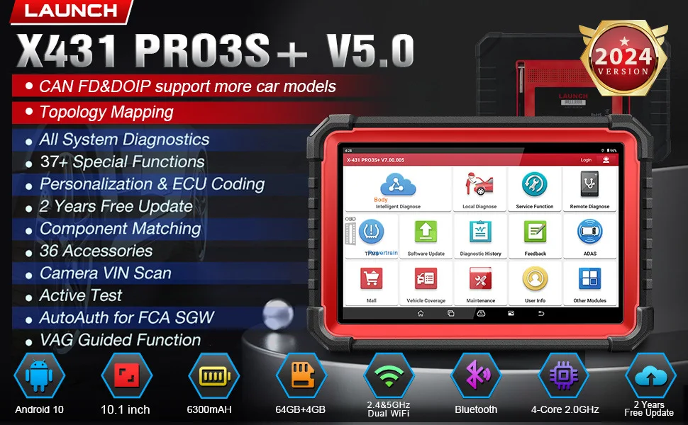 Launch X431 PRO3S+ V5.0 Full System Car Diagnostic Tool OE Topology Mapping ECU Coding without OBD1 Connector