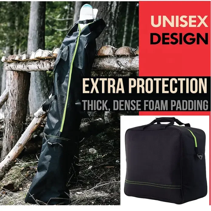 600D Water-Resistant Polyester Size Adjustable Padded Two-Piece Store Transport Portable Ski and Boot Bag Combo with Best Price