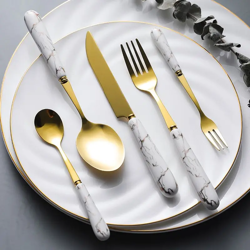 High Quality Tableware Western Steak Dark Green Gold Cutlery Five-piece Set with Ceramic Handle