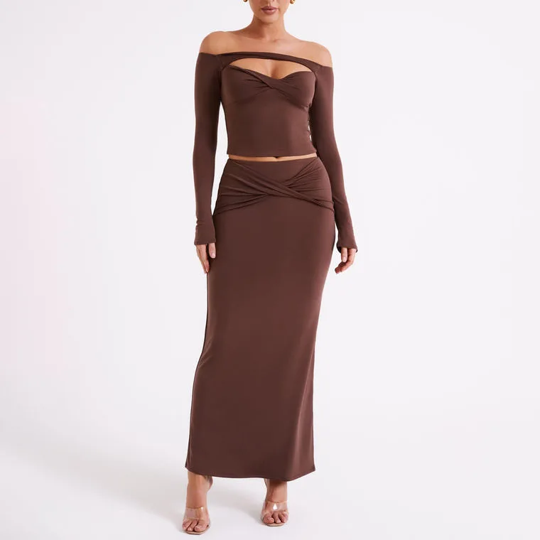 OEM Customize Casual Middle Waisted Long Skirts Women Stylish Plain Design Twisted Front Maxi Skirts