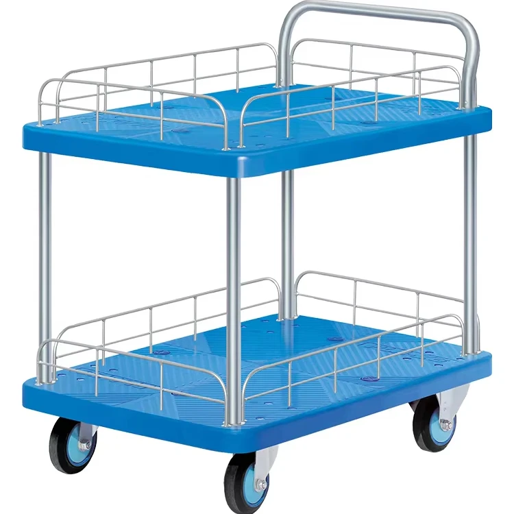 Single Hand With Guardrail Full Mute Silent  Double-Deck Trolley Plastic Trolley Rolling 2 Shelf Platform Truck