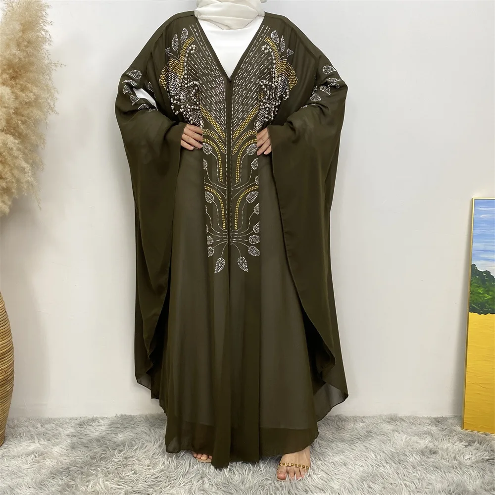 New Style Islamic Clothing Dubai Eid Modest Kimono Kaftan For Muslim Women Dress Bead Rhinestone Batwing Chiffon Open Abaya
