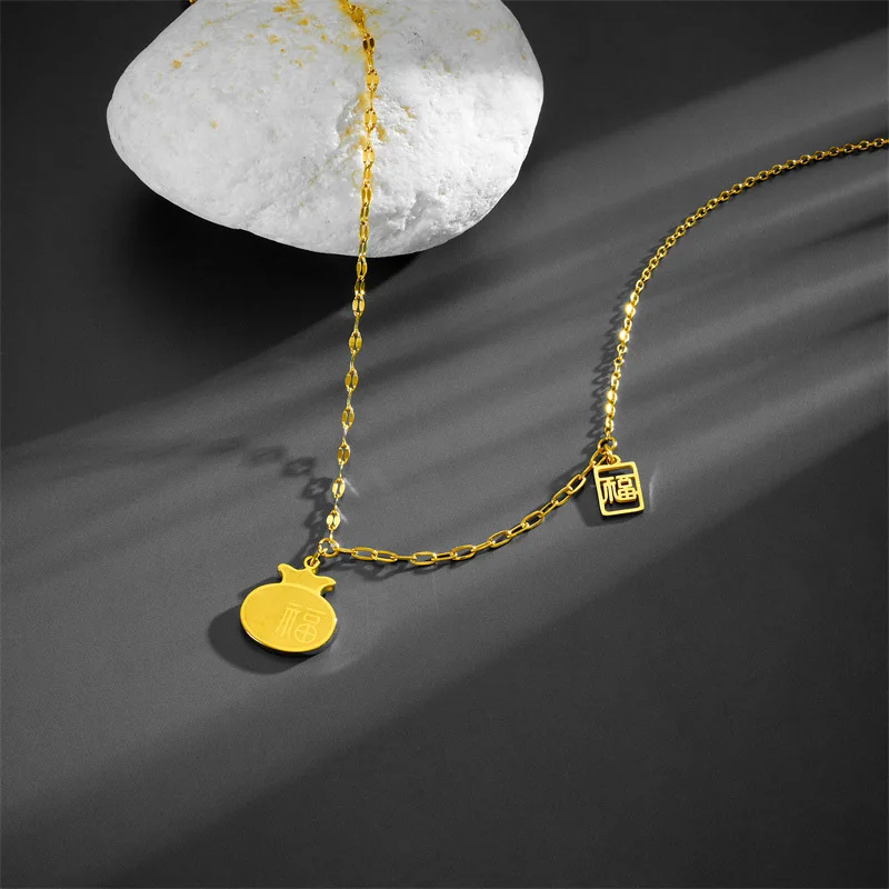 Titanium Steel Blessing Card Necklace Female Chinese Style Light Luxury Temperament Gourd Purse Fortune Clavicle Chain Net Red-F