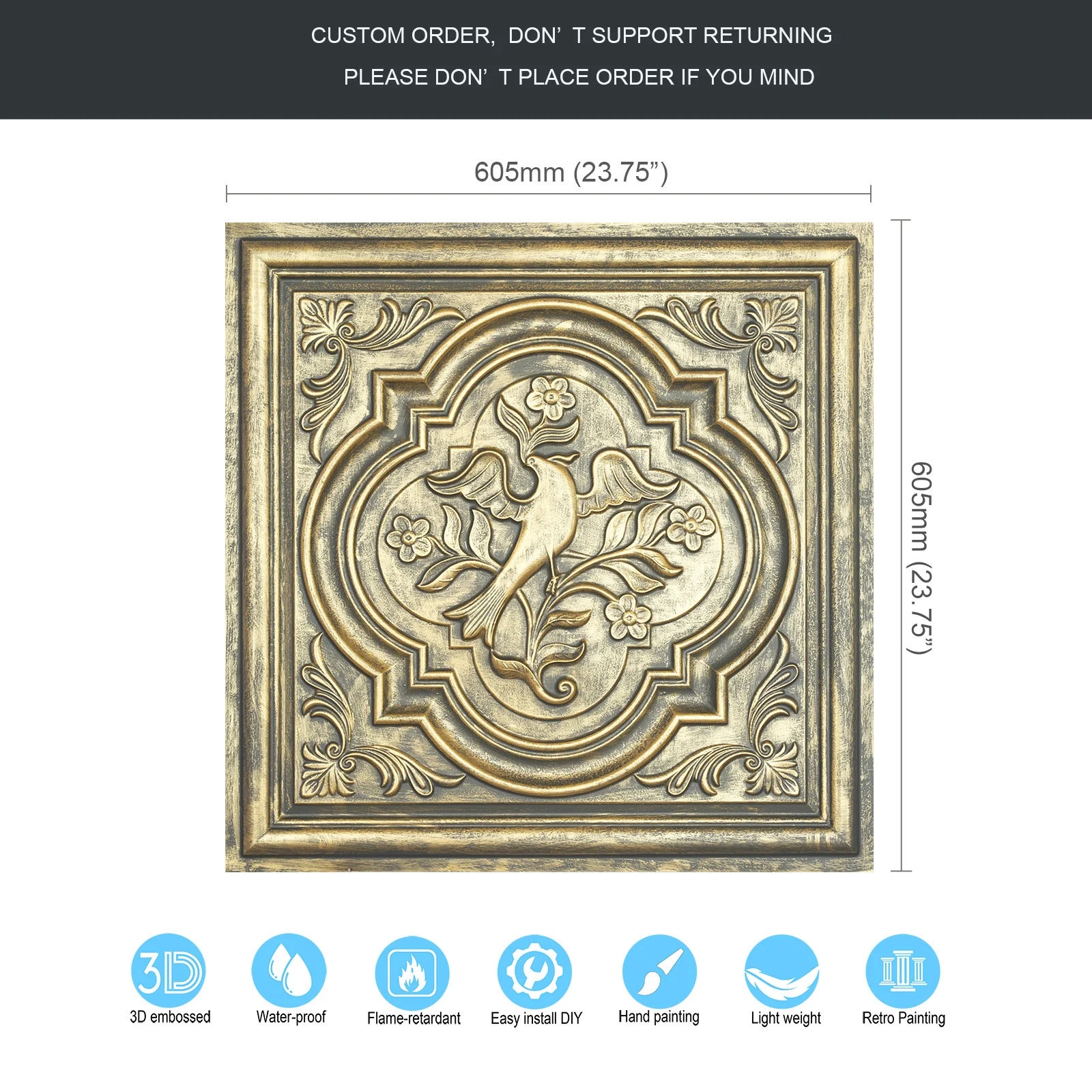 Faux painted distressed Art ceiling tiles Decorative tin wall tile Easy Drop-In Installation PL39 Ancient gold