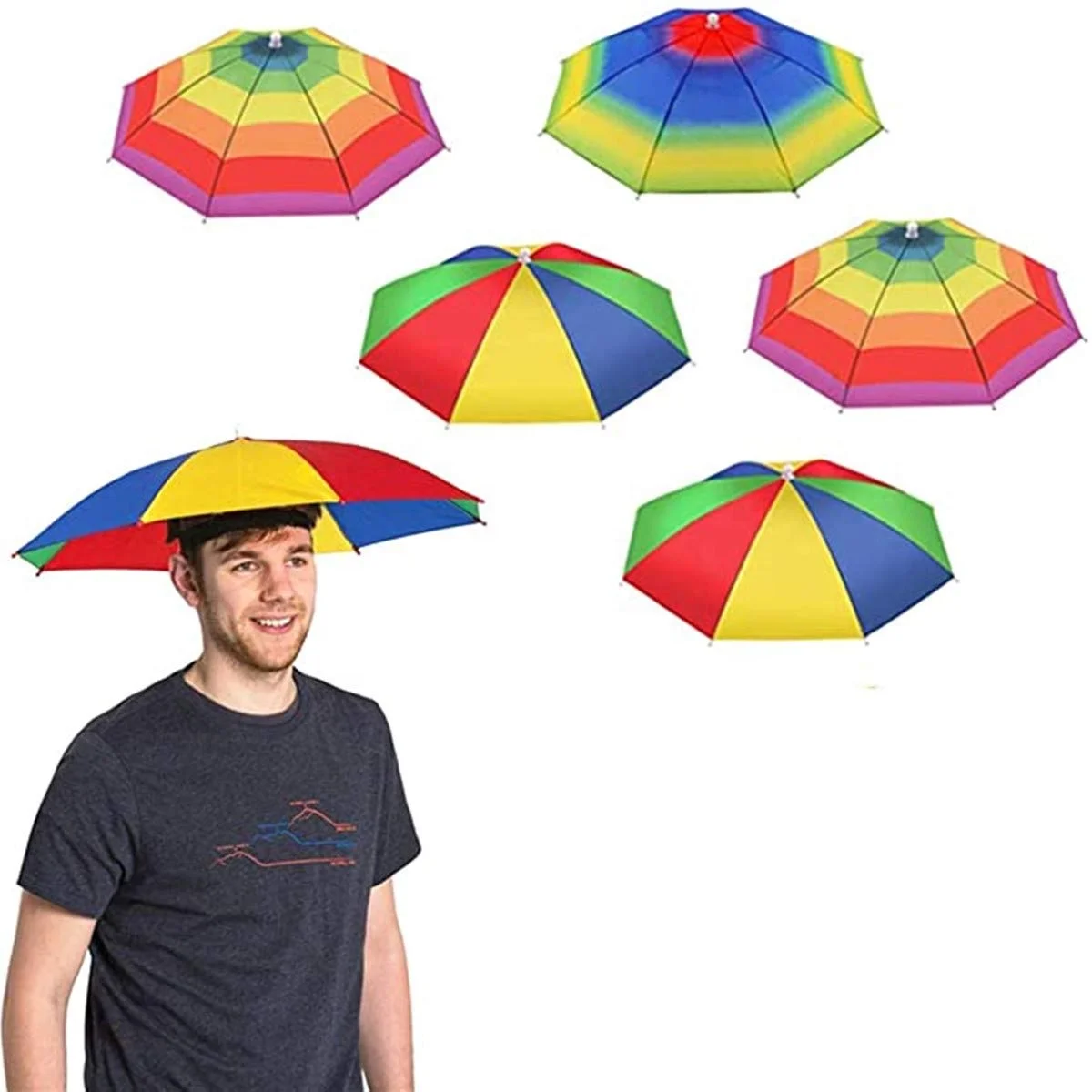 Umbrella Hat With Head Strap Funny Rainbow Waterproof Fishing Umbrella Adjustable Fits For All Ages,