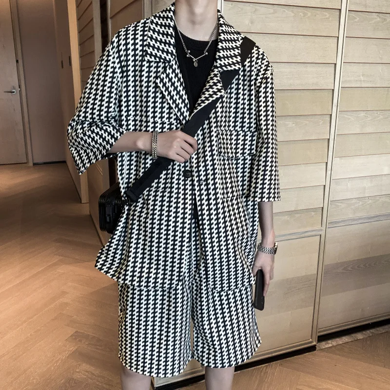 Suit men summer handsome men wear a set with seven-point sleeve suit jacket mature two-piece set