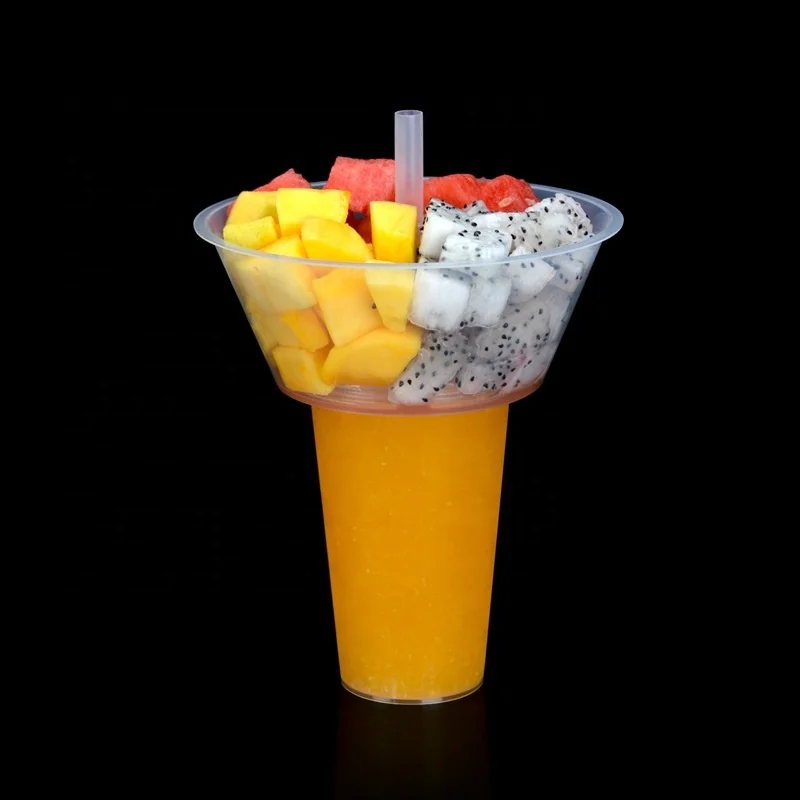 Hot Sale Customized 1000 700ml  Snacks Bowl PP Milk Tea Cup Fruits Dessert Tray Takeout 2 In 1 Plastic Cup