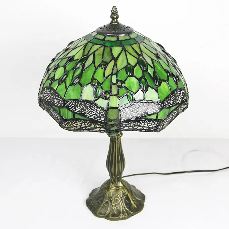LongHuiJing 12Inch Dragonfly Green Stained Glass Lampshade Desk Lights Handmade Glass Table Lamps With zinc Alloy Base