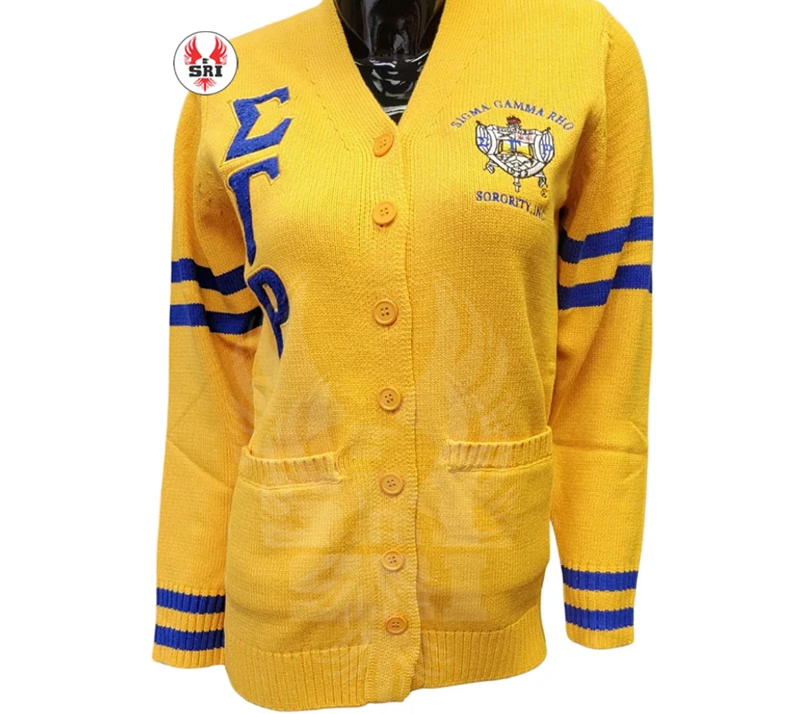 Sigma Gamma Rho Wholesale Custom OEM ODM Acrylic Cotton Knitted Varsity Sorority Greek Cardigan Sweater For Woman