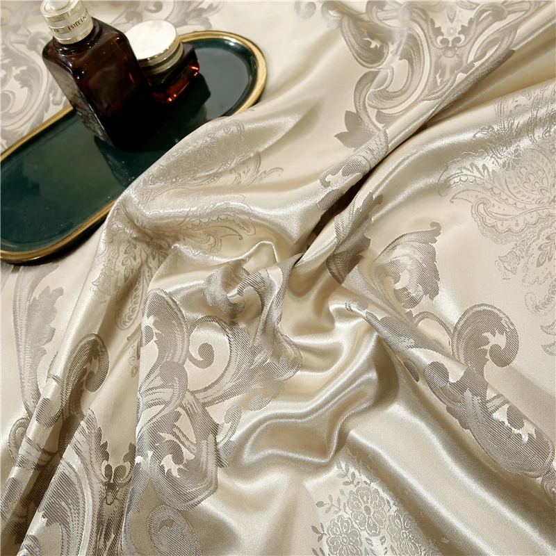 wholesale 4 in1  jacquard satin silky soft cotton like home bed duvet comforter cover bedskirt bedding set