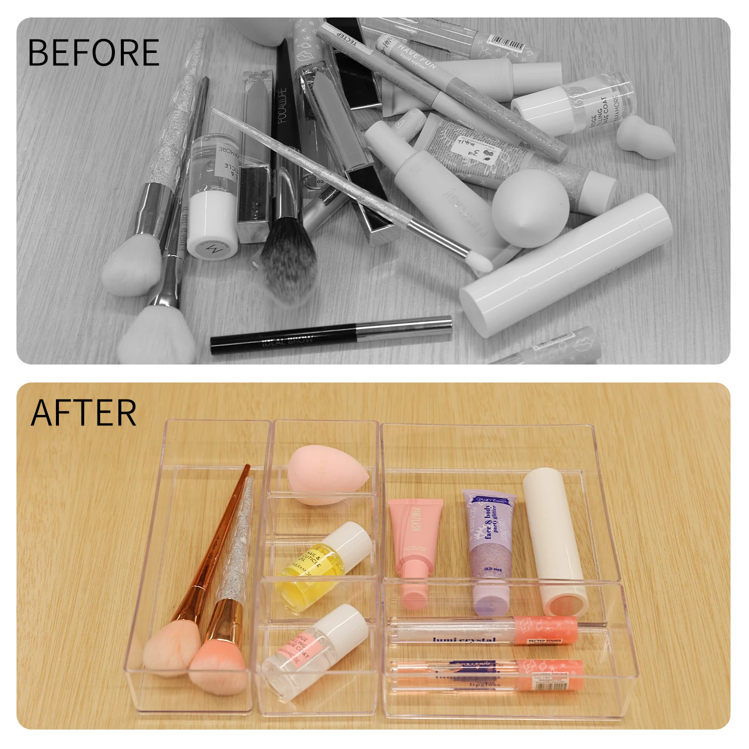 16Pcs Clear Drawer Organizer Plastic Desk Tray for Makeup Kitchen Utensils Jewelries and Gadgets