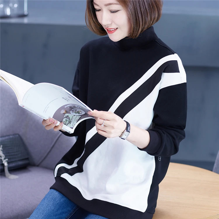 
Women Basic Round Neck Fashion Cotton Long Sleeve Knitting Pullover Sweater Color Block Long Sleeve Sweatshirt Without Hood 