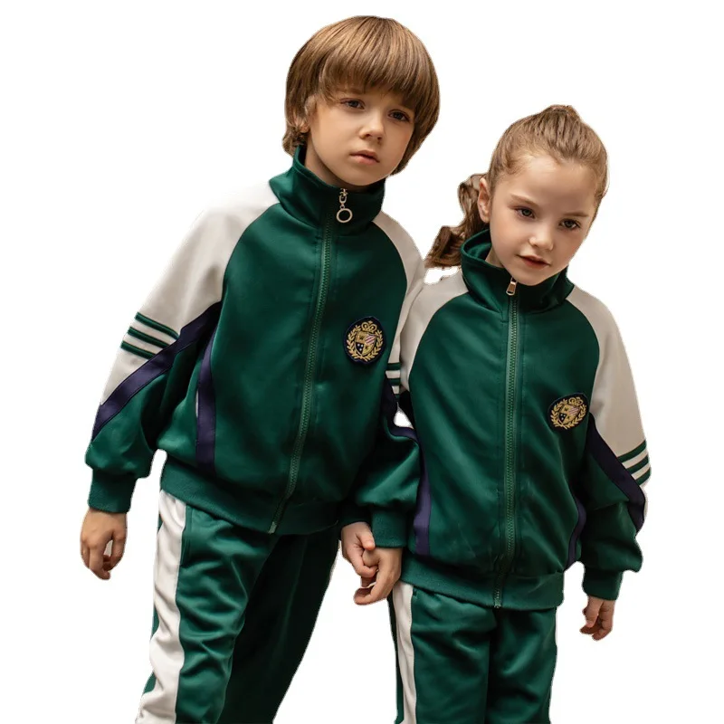 Factory wholesale spring and autumn boys and girls sports suits  school uniforms white and green