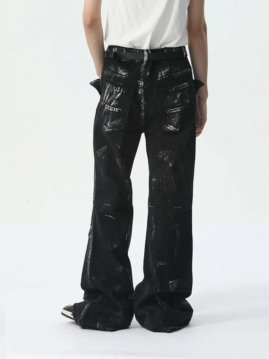 Design Custom Denim Streetstyle Baggy Waxed Flare Black Denim Jeans Men