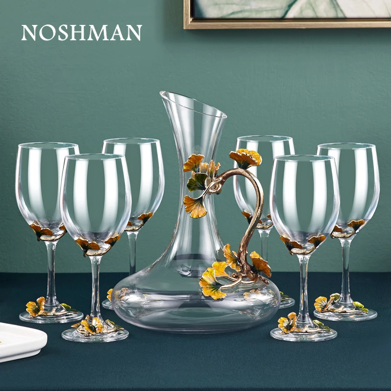 Customized Metal Crafts Crystal Glass Wine Cabinet Decoration Jewelry Enamel Wine Glass Cardboard Gift Set Decantador de vino