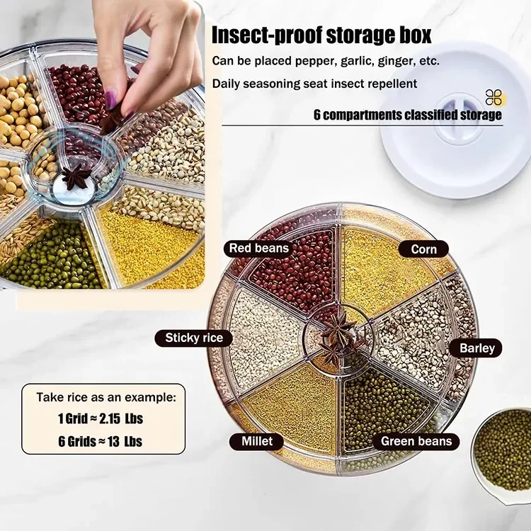 Rice Dispenser Kitchen Moisture-Proof 6-Grid Rotating Food Grain Dispenser Cereal Storage Box Rice Container Dispenser
