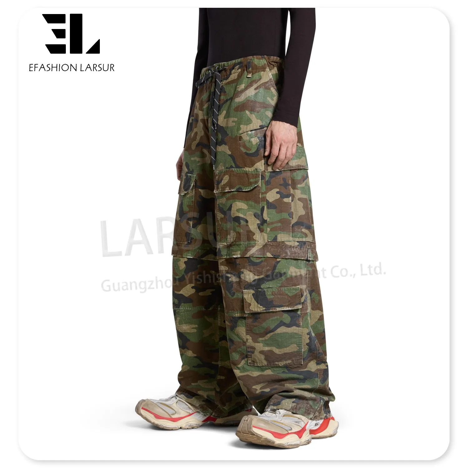 LARSUR Custom clothing manufacturer ripstop cotton camo cargo pants men distress dirty wash remove tactical pants skate pant men