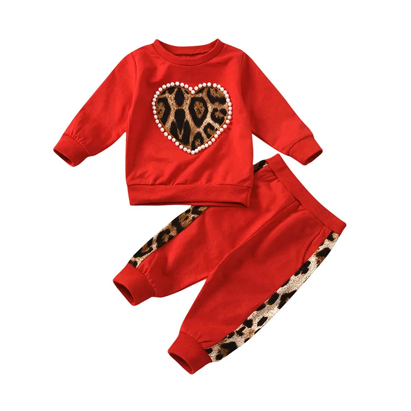 Amazon hot sale heart pearl print pullover girls boutique clothes two piece valentines kids clothing for winter